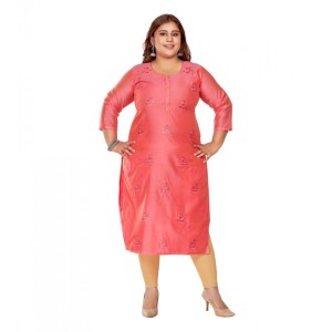 Women's Casual Rayon 3/4th Sleeve Mirror Embroided Pink Straight Kurti