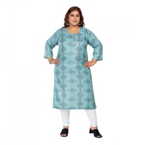 Women's Casual Rayon 3/4th Sleeve Golden Foil Printed Blue Straight Kurti