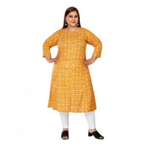 Women's Casual Pure Cotton 3/4th Sleeve Regular Printed Yellow Straight Kurti