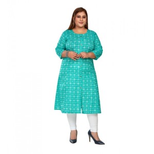 Women's Casual Pure Cotton 3/4th Sleeve Regular Printed Turquoise Straight Kurti