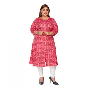 Women's Casual Pure Cotton 3/4th Sleeve Regular Printed Pink Straight Kurti