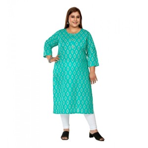 Women's Casual Pure Cotton 3/4th Sleeve Ikkat Printed Turquoise Straight Kurti