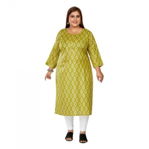 Women's Casual Pure Cotton 3/4th Sleeve Ikkat Printed Pista Green Straight Kurti