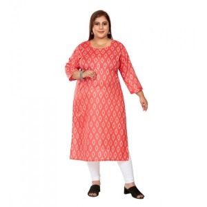 Women's Casual Pure Cotton 3/4th Sleeve Ikkat Printed Pink Straight Kurti