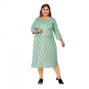 Women's Casual Pure Cotton 3/4th Sleeve Golden Foil Printed Pista Green Straight Kurti