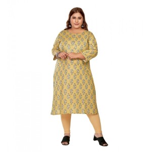 Women's Casual Pure Cotton 3/4th Sleeve Golden Foil Printed Light_Yellow Straight Kurti