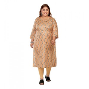 Women's Casual Pure Cotton 3/4th Sleeve Golden Foil Printed Light Orange Straight Kurti