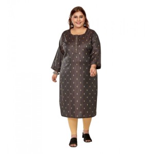 Women's Casual Cotton Mix 3/4th Sleeve Golden Embroided Dark Grey Straight Kurti