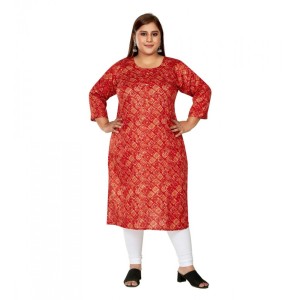 Women's Casual Capsule Cotton 3/4th Sleeve Golden Foil Printed Red Straight Kurti