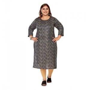 Women's Casual Capsule Cotton 3/4th Sleeve Golden Foil Printed Navy Blue Straight Kurti