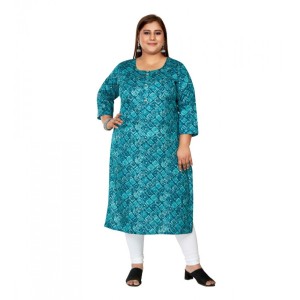 Women's Casual Capsule Cotton 3/4th Sleeve Golden Foil Printed Green Straight Kurti