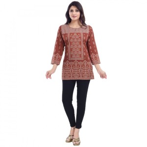 Women's Quarter Sleeve Faux Crepe Printed Short Kurti Tunic Top