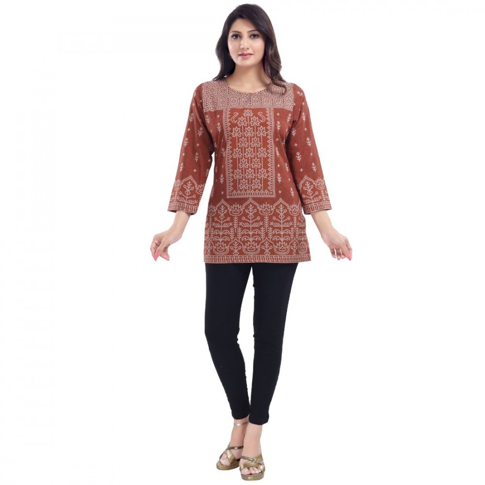 Women's Quarter Sleeve Faux Crepe Printed Short Kurti Tunic Top