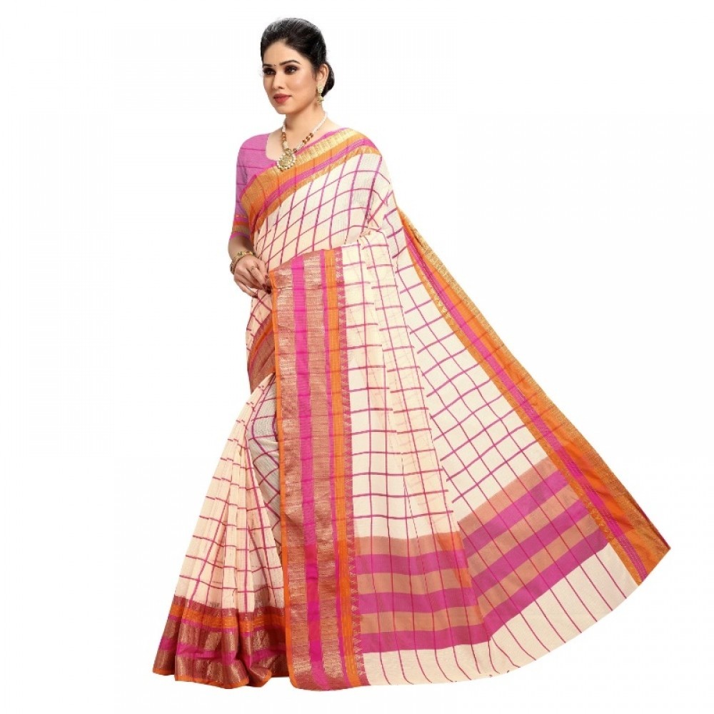 Women's Kota Doria Cotton Bordered Saree With Blouse