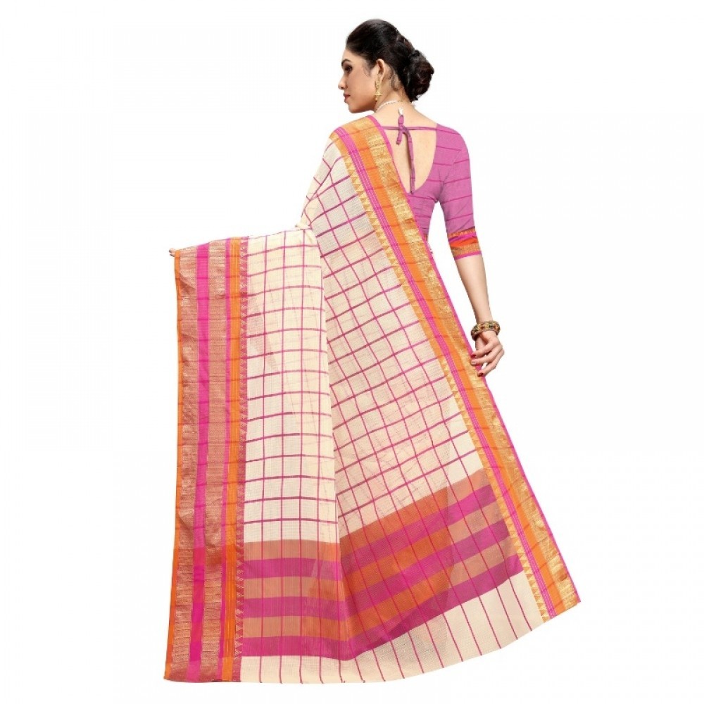 Women's Kota Doria Cotton Bordered Saree With Blouse