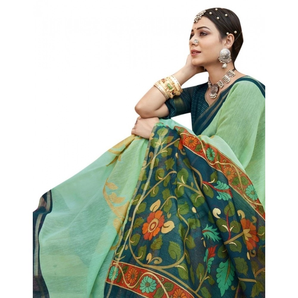 Women's Cotton Floral Pattern Foil Printed Saree With Blouse